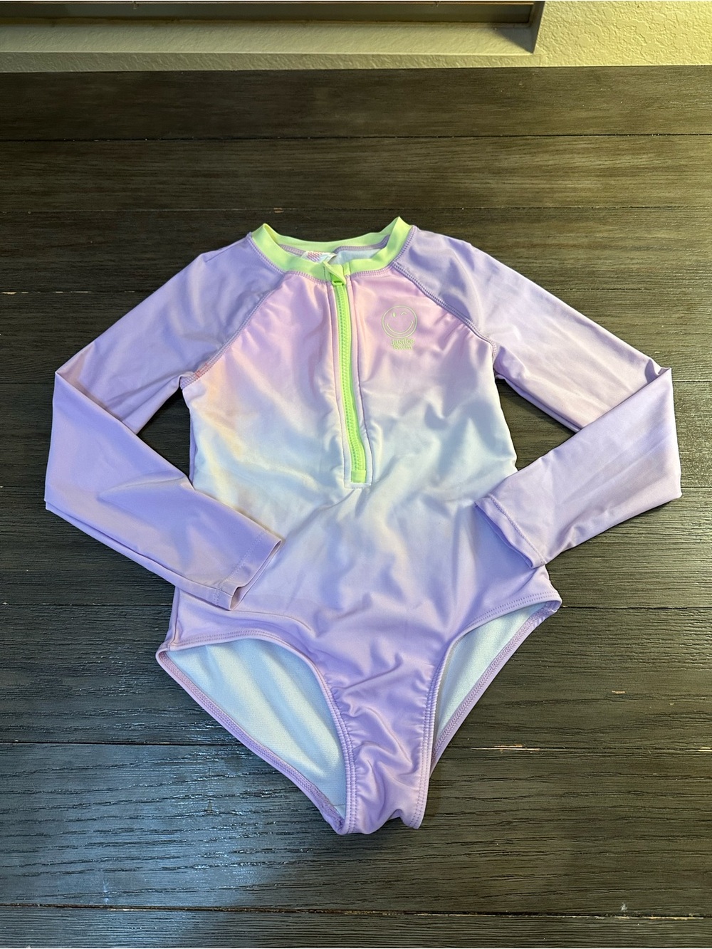 Justice M 10 Girls' Purple Ombre Long-Sleeve One-Piece Swimsuit with Neon Trim